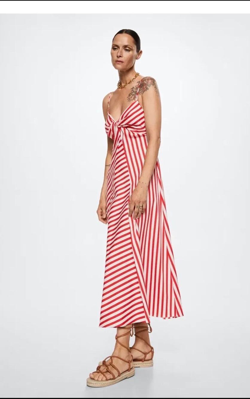 Mango (MNG) Red & White Striped Knot-Front Midi Dress, size US 4